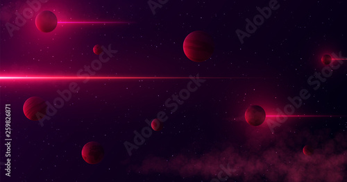 Planets 3d on background of stars and galaxy. Light abstract lines of gamma rays pass through space.