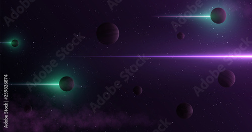 Planets 3d on background of stars and galaxy. Light abstract lines of gamma rays pass through space.