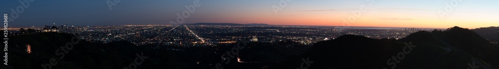 Panoramic landscape of Los Angeles city lights at night