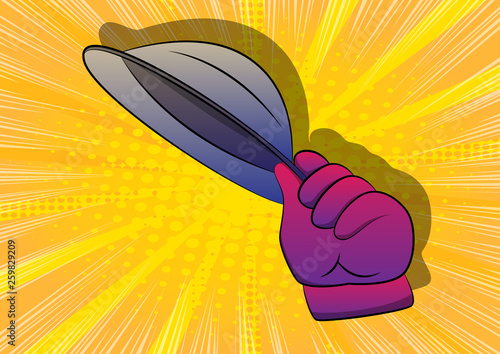 Vector cartoon hand tipping a hat. Illustrated hand on comic book background.
