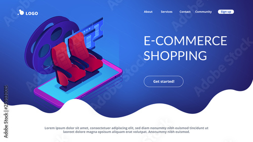 Buy or order cinema tickets online with smartphone, movie comfortable seats. Buying tickets online, e-commerce shopping , internet booking concept. Isometric 3D website app landing web page template