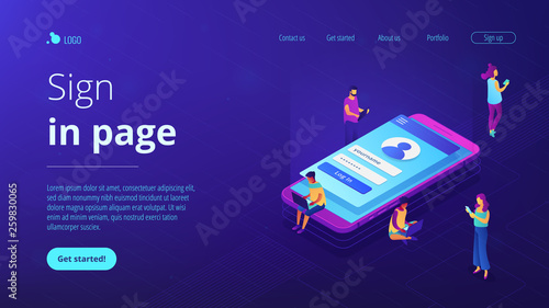 Users with laptops, tablets and smartphone with sign in page log in with name and password. Sign in page, mobile screen, user login form concept. Isometric 3D website app landing web page template