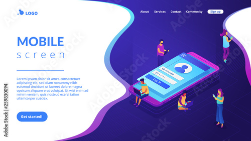 Users with laptops, tablets and smartphone with sign in page log in with name and password. Sign in page, mobile screen, user login form concept. Isometric 3D website app landing web page template