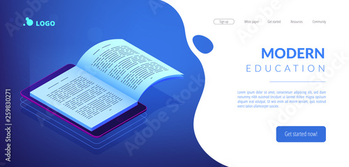 Open ebook on digital tablet screen for modern education and e-learning. Digital reading, e-classroom textbook, modern education concept. Isometric 3D website app landing web page template photo
