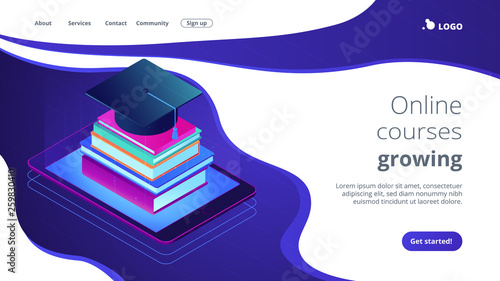 Online education with tablet and stack of books, academic cap on it. Digital education, online courses growing, e-school graduation concept. Isometric 3D website app landing web page template