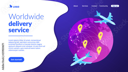 Globe and air cargo trucking and plane logistics network. Global transportation system, worldwide logistics, worldwide delivery service concept. Isometric 3D website app landing web page template