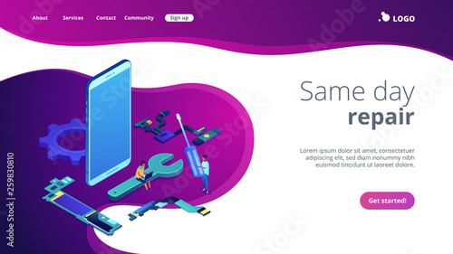 Technicians repair big broken smartphone with screwdriver, wrench and laptop. Smartphone repair, cell phone service, same day repair concept. Isometric 3D website app landing web page template