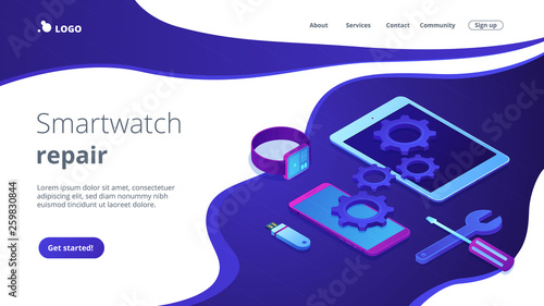 Tablet, smartphone and smartwatch with gears and tools need repair. Mobile device repair, tablet service and setup, smartwatch repair concept. Isometric 3D website app landing web page template