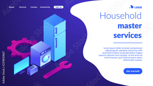 Broken fridge, washing machine, TV and toaster repair. Repair of household appliances, smart TV service, household master services concept. Isometric 3D website app landing web page template