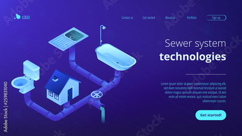 House sewage system with pipes, sink, bath and toilet. Sewerage system, domestic wastewater service, sewer system technologies concept. Isometric 3D website app landing web page template
