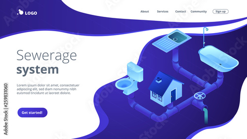 House sewage system with pipes, sink, bath and toilet. Sewerage system, domestic wastewater service, sewer system technologies concept. Isometric 3D website app landing web page template