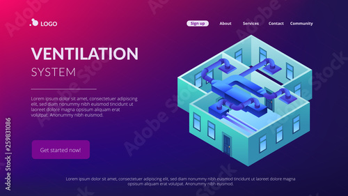 Indoor ventilation system pipes in the apartment. Ventilation system, energy recovery ventilation, airing system cleaning concept. Isometric 3D website app landing web page template