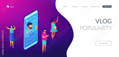 Tiny people vloggers recording video content for channel and blogger on big smartphone. Vlog, creating video content, video blogging concept. Isometric 3D website app landing web page template