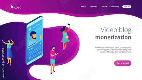 Tiny people vloggers recording video content for channel and blogger on big smartphone. Vlog, creating video content, video blogging concept. Isometric 3D website app landing web page template