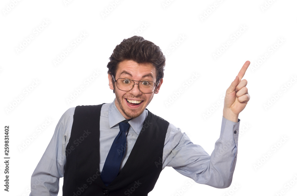 Young businessman in funny concept on white Young businessman in funny concept on white