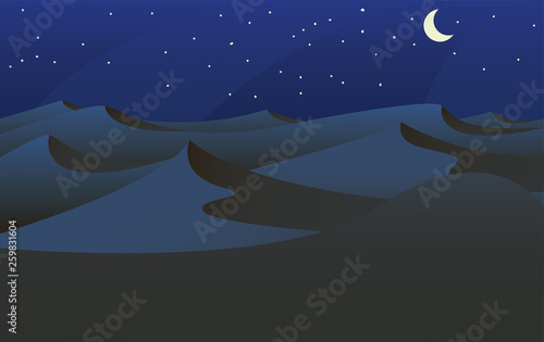 Sahara desert at night with a crescent moon in a landscape background vector illustration -vector
