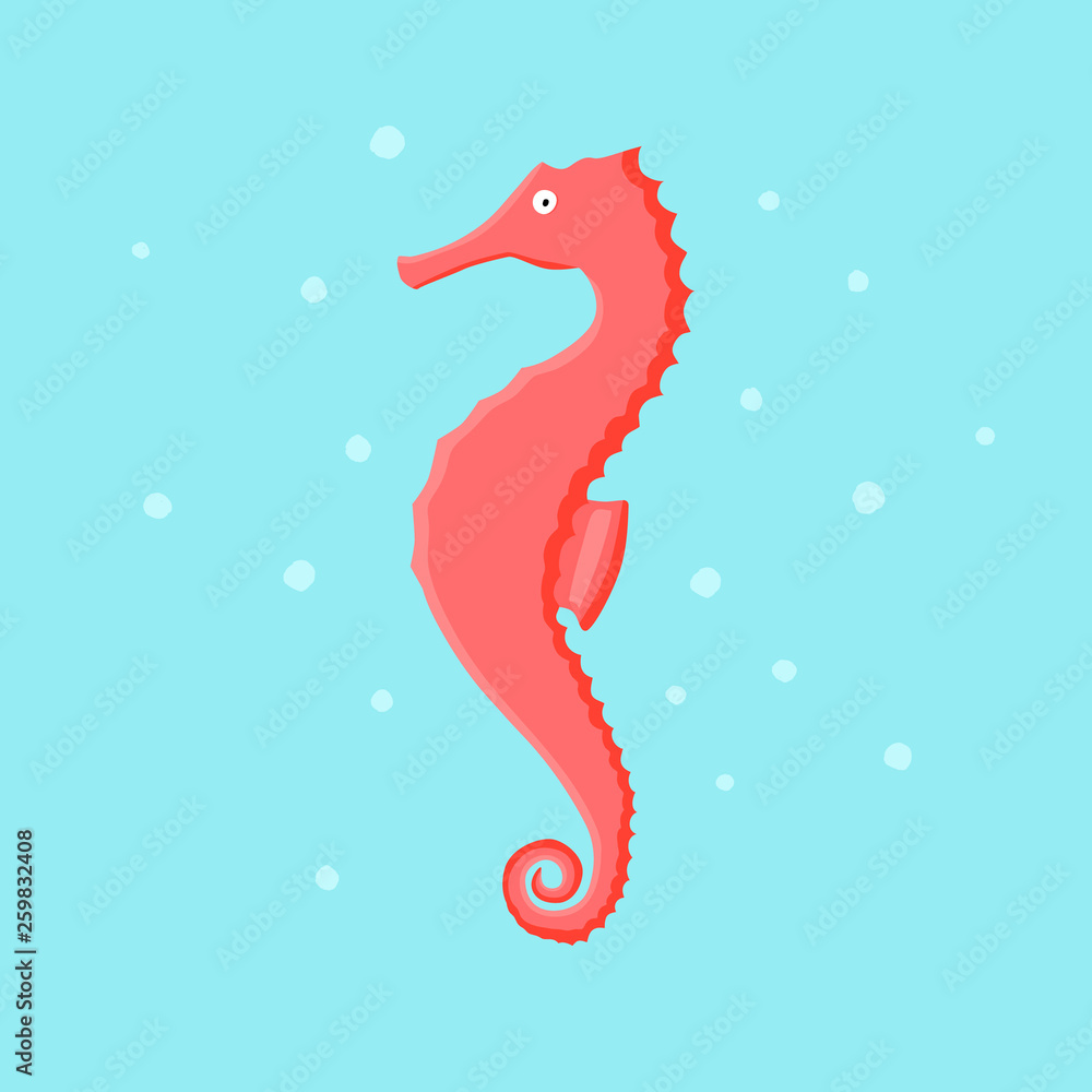 Fototapeta premium Coral seahorse animal flat character with spots on cayn background. Cartoon hippocampus for design, logo, background, card, print, sticker