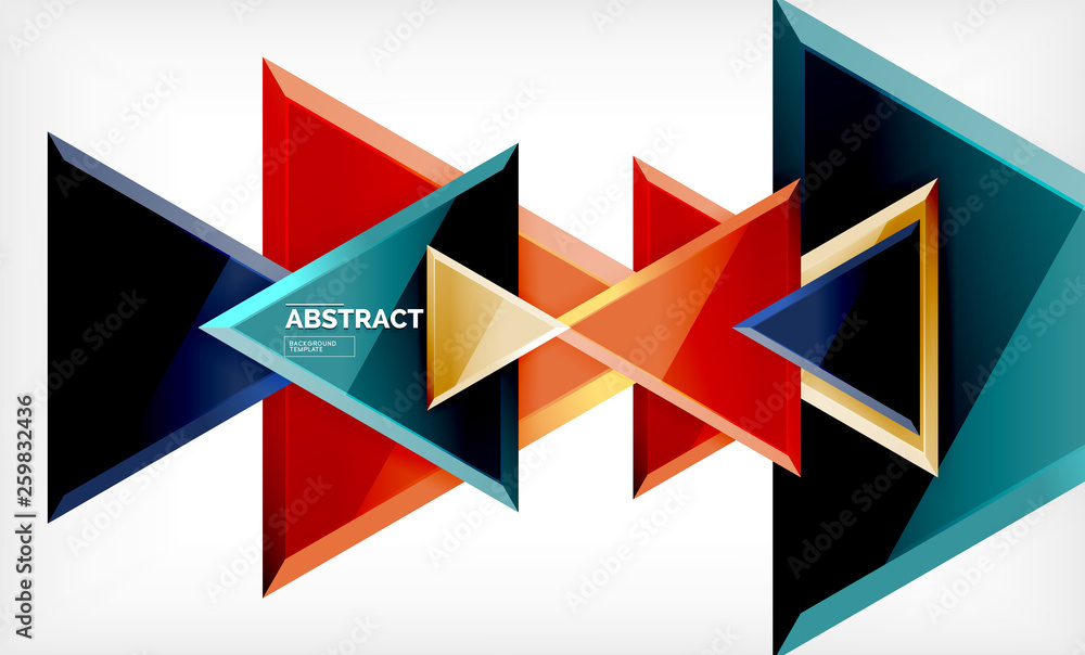 Triangles repetiton geometric abstract background, multicolored glossy triangular shapes, hi-tech poster cover design or web presentation template with copy space Triangles repetiton geometric abstract background, multicolored glossy triangular shapes, hi-tech poster cover design or web presentation template with copy space