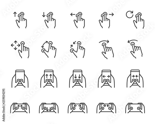 set of hand tochscreen gesture icons, such as hand, app, phone, tap, touch