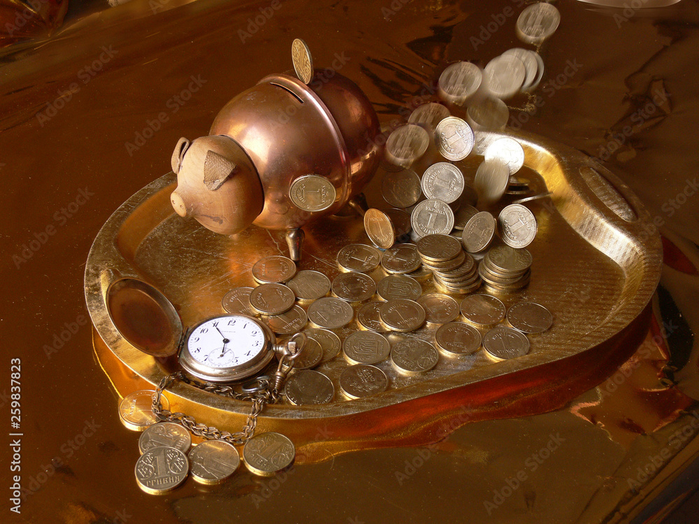 Piggy bank, tray and coins that are poured from above Piggy bank, tray and coins that are poured from above