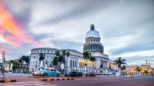 HAVANA, CUBA. High resolution panoramic view of downtown Havana with the Capitol building in the background and classic american cars. The vibrant streets of Havana. photo