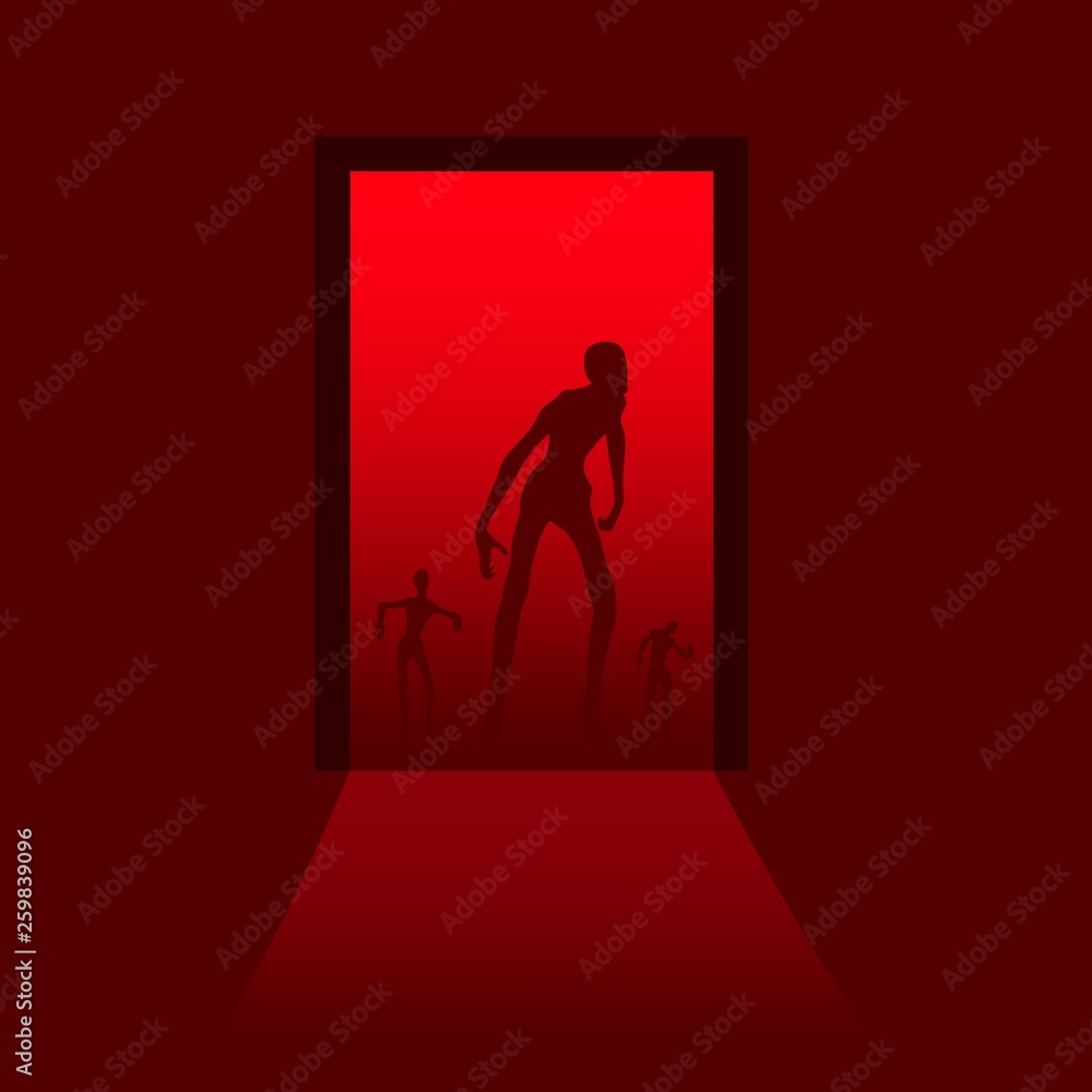 Zombie silhouette comes into the house through the open door. Shadows in dark room. Halloween theme background Zombie silhouette comes into the house through the open door. Shadows in dark room. Halloween theme background