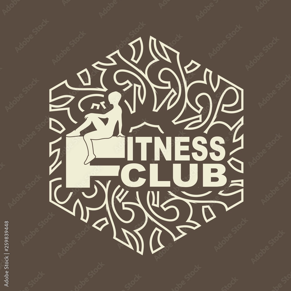 Sporty woman silhouette and fitness club text in ornamental frame. Emblem for sport club.