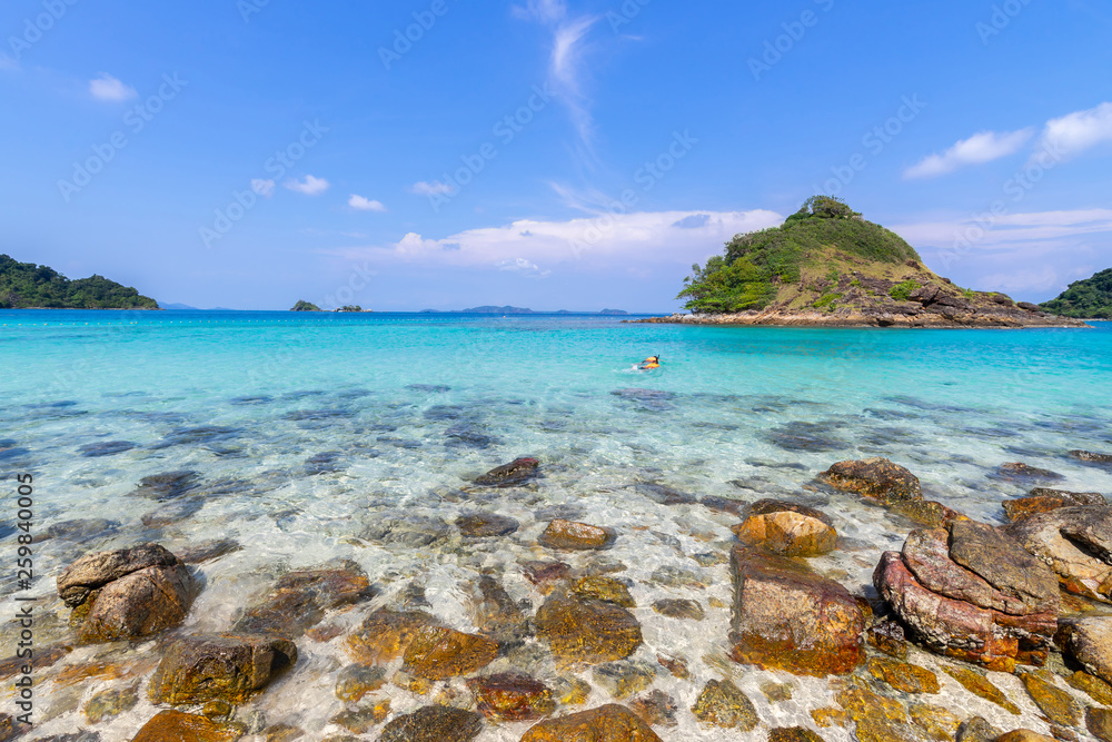 beautiful beach view Koh Chang island seascape at Trad province Eastern of Thailand on blue sky background , Sea island of Thailand landscape