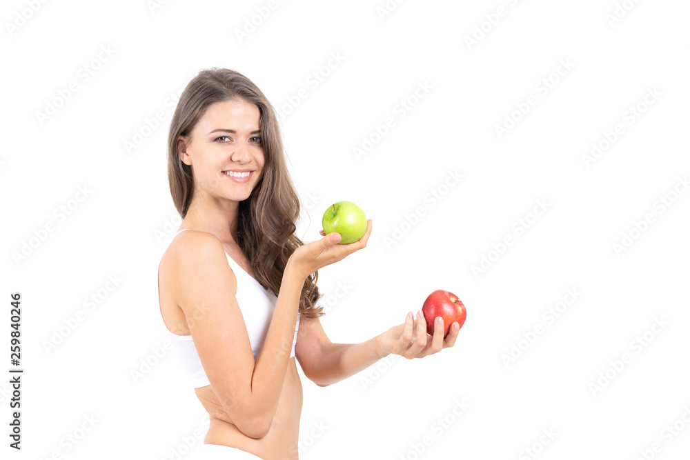 Beautiful body beauty sexy woman slim holding green apple isolated on white background - wellness girl weight loss and healthy concept Beautiful body beauty sexy woman slim holding green apple isolated on white background - wellness girl weight loss and healthy concept