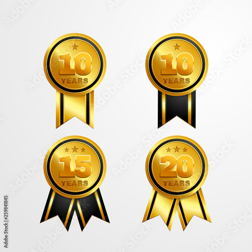 Anniversary logo badge with ribbon vector design. Set of shiny gold black medal button with numbers for birthday celebration