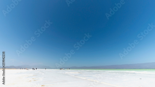Tourists in Lake Assal, the lowest point of Africa in the Rift Valley and Horn of Africa