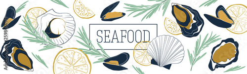 Shellfish and seafood restaurant or fishery product market banners template. Scallops, mussels and oysters banner vector template. Hand drawn illustration on white background