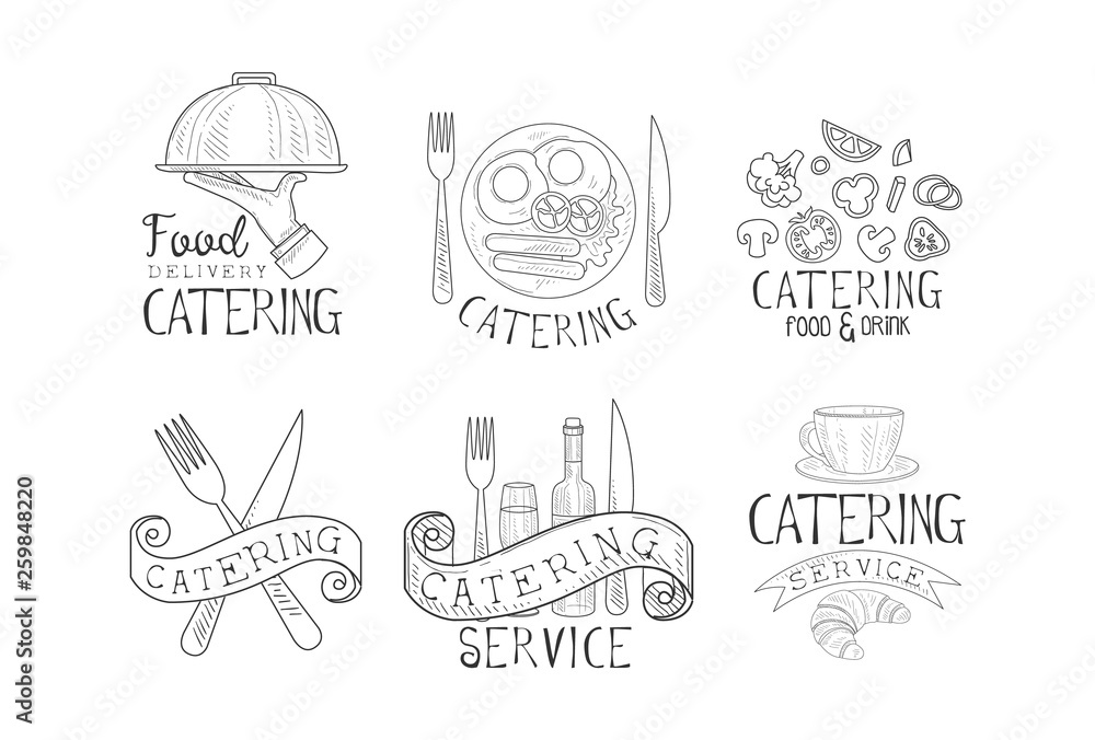 Set of monochrome logos for catering companies. Sketch emblems with food, drinks and cutlery. Vector for advertising poster or banner