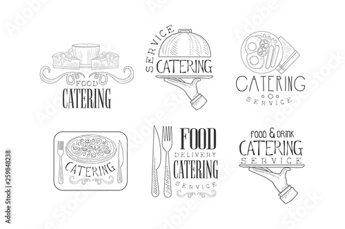 Black and white vector logos for catering companies. Hand drawn emblems with delicious food  drinks  cutlery and hands with trays