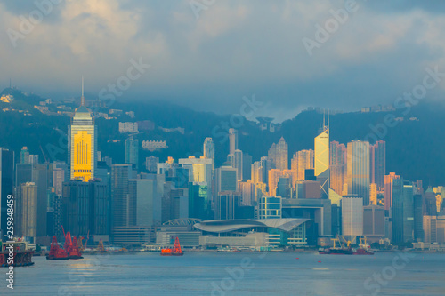 Hong Kong city skyline, China at sunrise