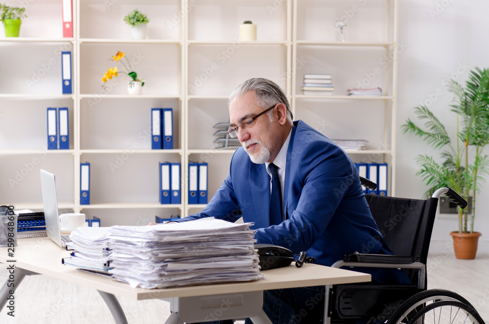 Aged employee in wheelchair working in the office Aged employee in wheelchair working in the office
