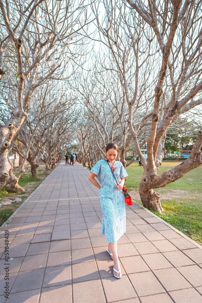 Tourist traveler in lanna uniform with Natural Scene background of Tunnel of dry Plumeria Tree or Frangipani tree with walking way at Nan province , Thailand