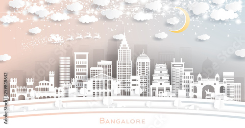 Bangalore India City Skyline in Paper Cut Style with Snowflakes, Moon and Neon Garland.