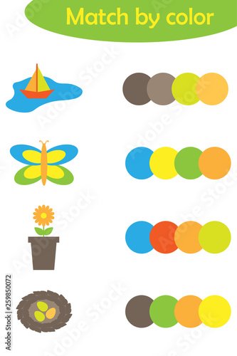Matching game for children, connect colorful spring pictures with same color palette, preschool worksheet activity for kids, task for the development of logical thinking, vector illustration