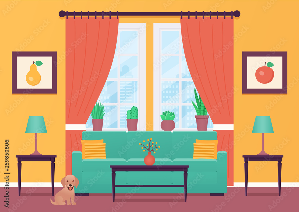 Living room interior. Vector. Room with furniture. Home lounge with sofa  and window. Cartoon house background. Colorful animated illustration in  flat design. Parlor in modern apartment. Stock Vector | Adobe Stock