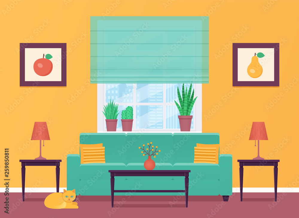 Living room. Vector. Room interior with furniture. Home lounge with sofa  and window. Cartoon house background. Colorful animated illustration in  flat style. Banner design. Parlor in modern apartment. Stock Vector | Adobe
