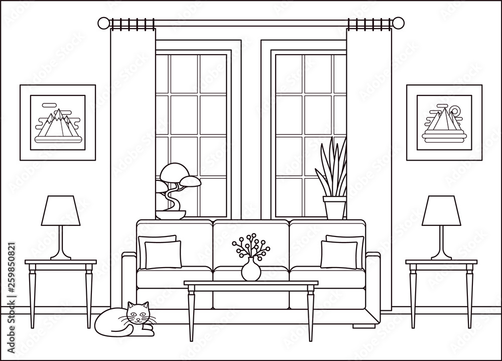 Living room interior. Vector. Line sketch. Outline Home flat design ...
