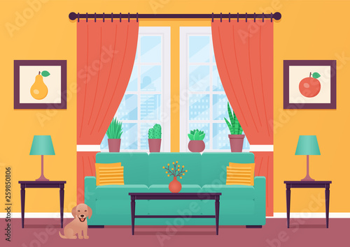 Living room interior. Vector. Room with furniture. Home lounge with sofa and window. Cartoon house background. Colorful animated illustration in flat design. Parlor in modern apartment.