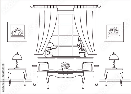 Room interior. Vector. Linear Living room with window in flat design. Outline background. Home space with furniture in line art. Cartoon house equipment. Salon. Thin line illustration. Coloring page.