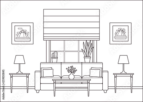 Living room interior. Linear room with window in flat design. Vector. Outline background. Home space with furniture in line art. Lounge line illustration. Cartoon house equipment. Coloring page.