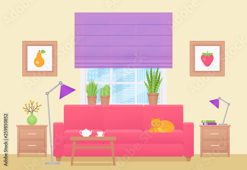 Room interior. Vector. Living room with furniture. Home lounge with sofa  and window. Cartoon house background. Colorful animated illustration in  flat style. Banner design. Parlor in modern apartment. Stock Vector | Adobe