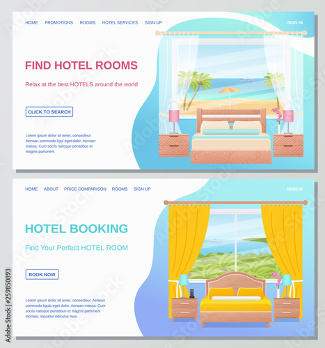 Hotel room. Vector. Bedroom Interior. Sale, Hotel booking, find room banner, flyer, website, site. Web page design template. Poster with furniture, sea landscape window, bed, text Cartoon illustration
