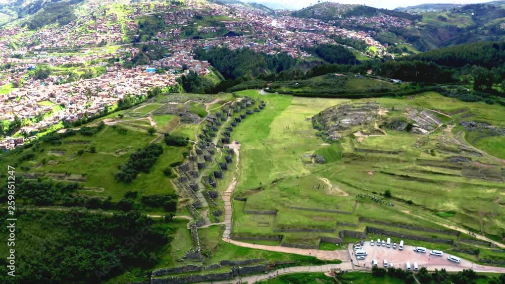Scenic Aerial Top View Of The Inca Ruins Of Sacsayhuaman On The scenic-aerial-top-view-of-the-inca-ruins-of-sacsayhuaman-on-the