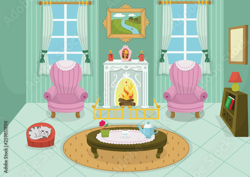 Vector illustration of a cartoon interior with fireplace, a pet, furniture and windows. Domestic room design with burning fire in furnace, hot drinks on a table. Vector illustration.