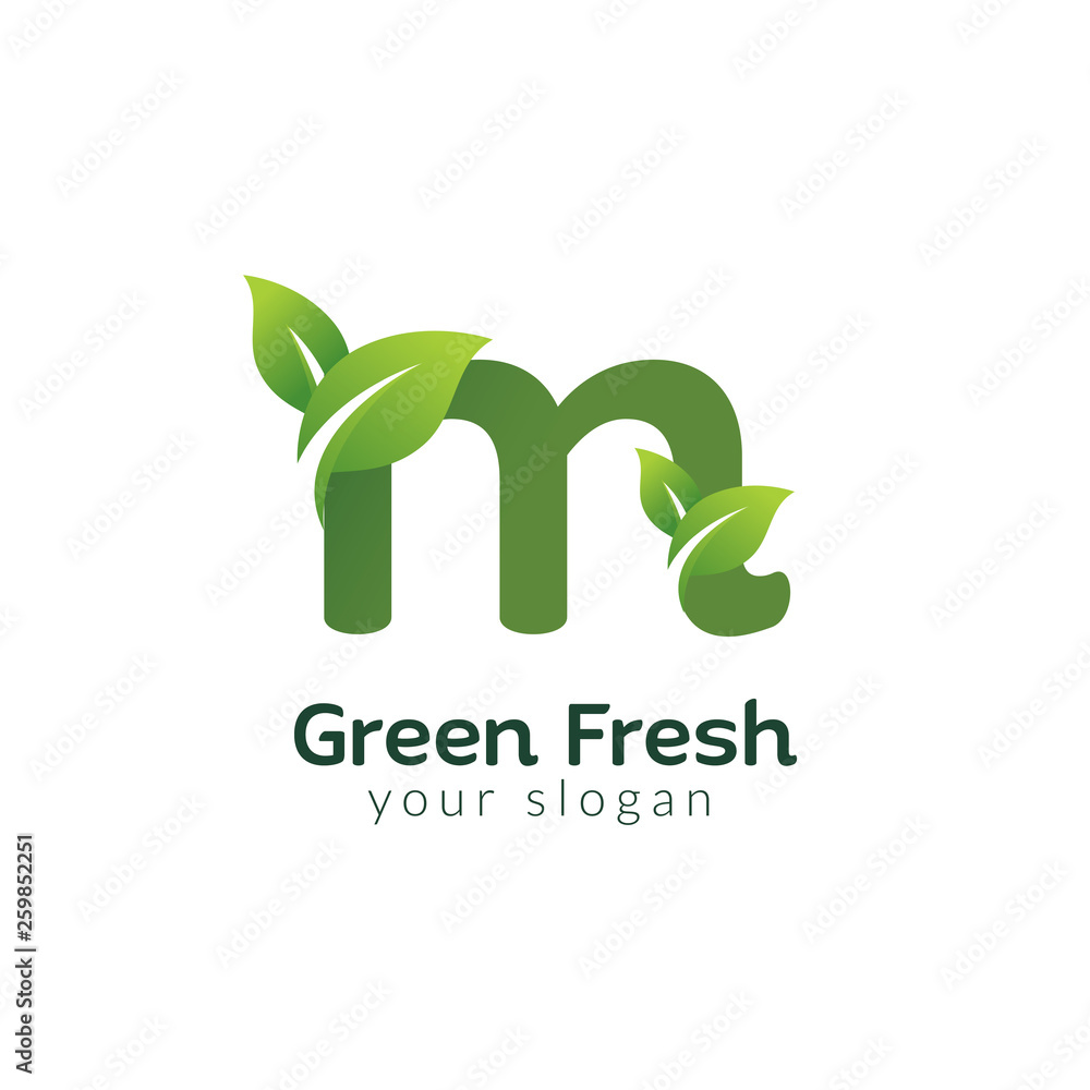 Eco green letter M logo design template. Green alphabet vector design with green and fresh leaf illustration. Eco green letter M logo design template. Green alphabet vector design with green and fresh leaf illustration.
